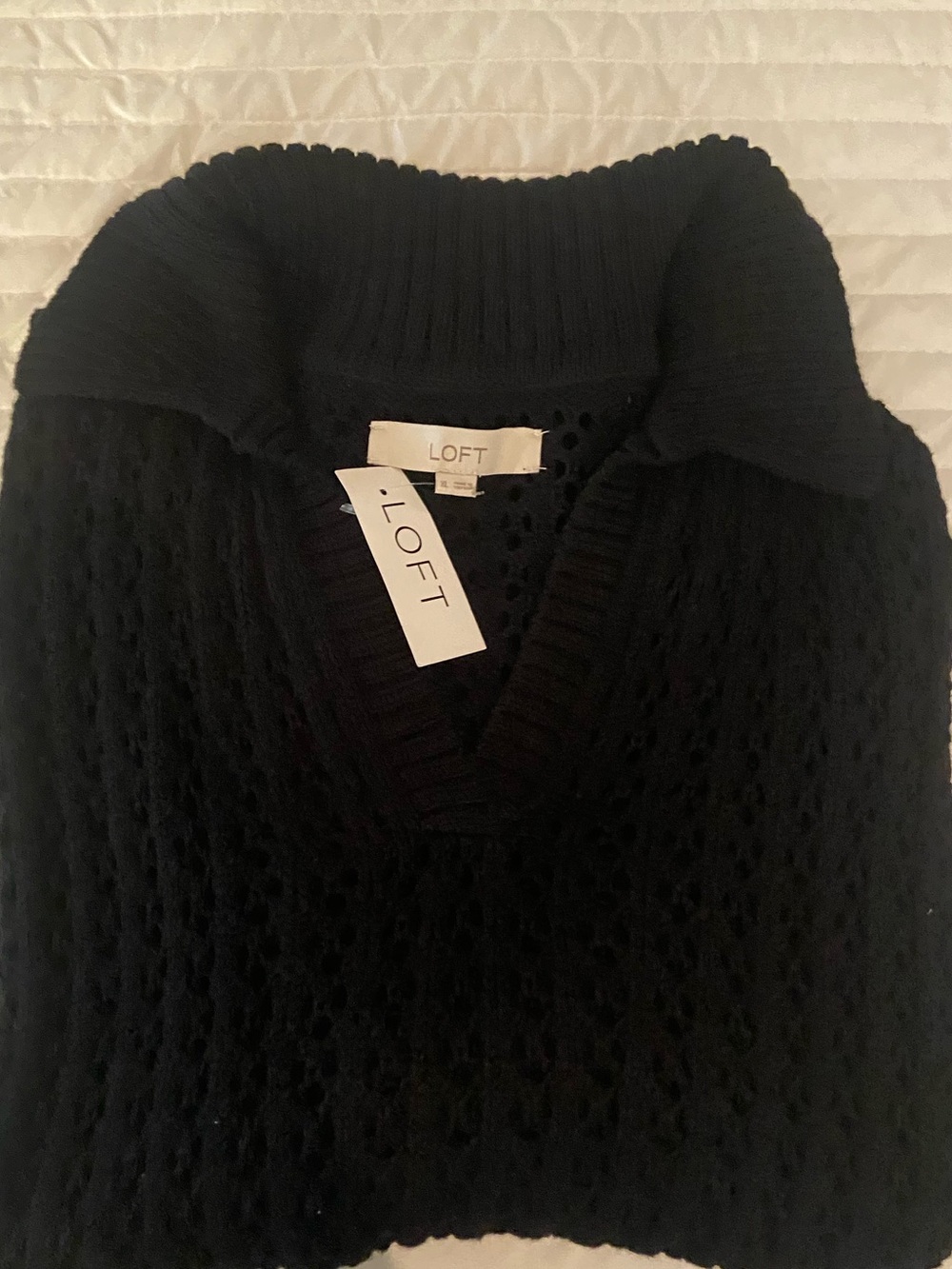 LOFT Black Open-Knit Collared V-Neck Sweater